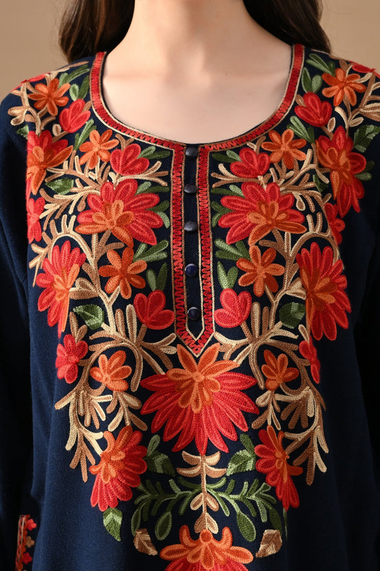 Winter Blue Embroideredred Ethnic Motifs Woven Phiran