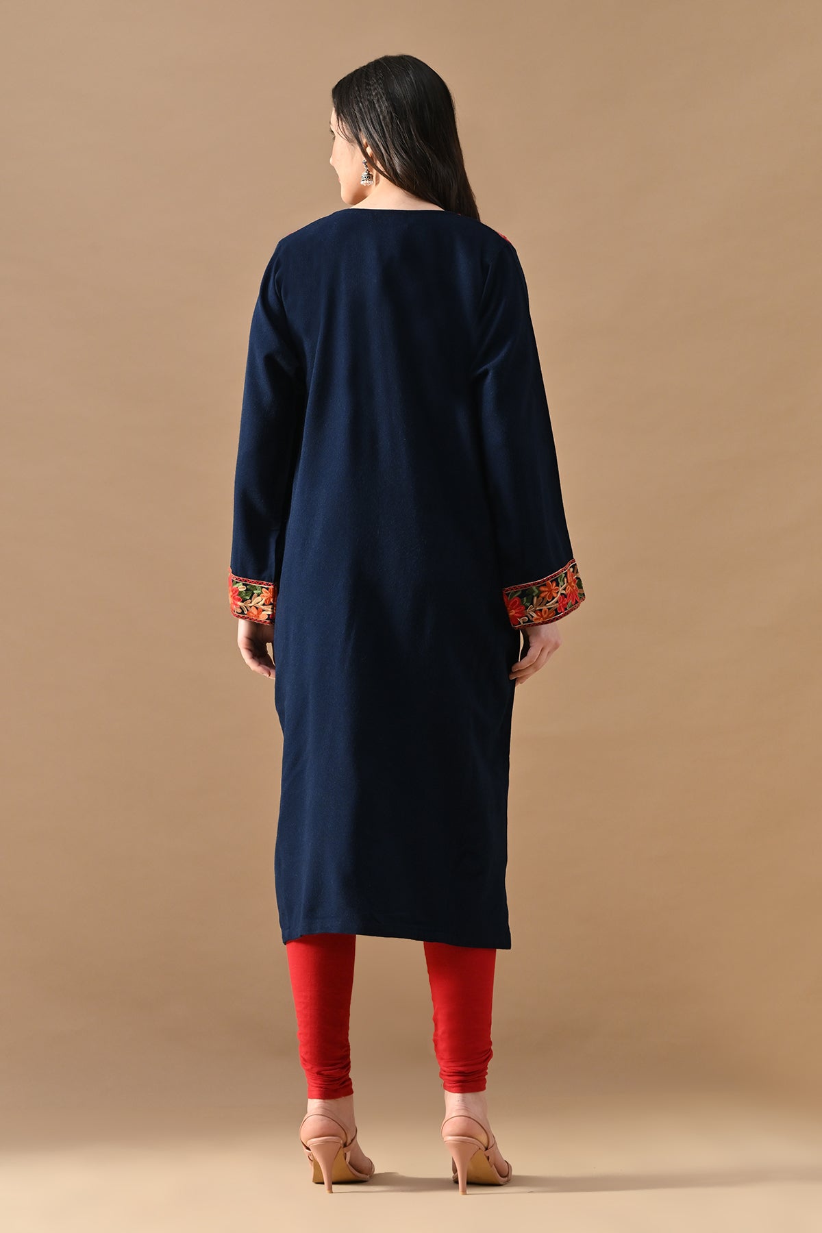 Winter Blue Embroideredred Ethnic Motifs Woven Phiran