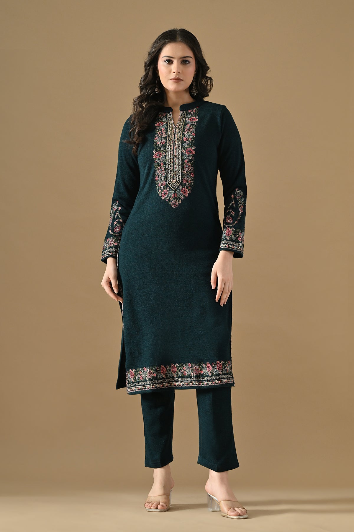 Winter Peacock Blue Woven Embroideredred Kurta Set