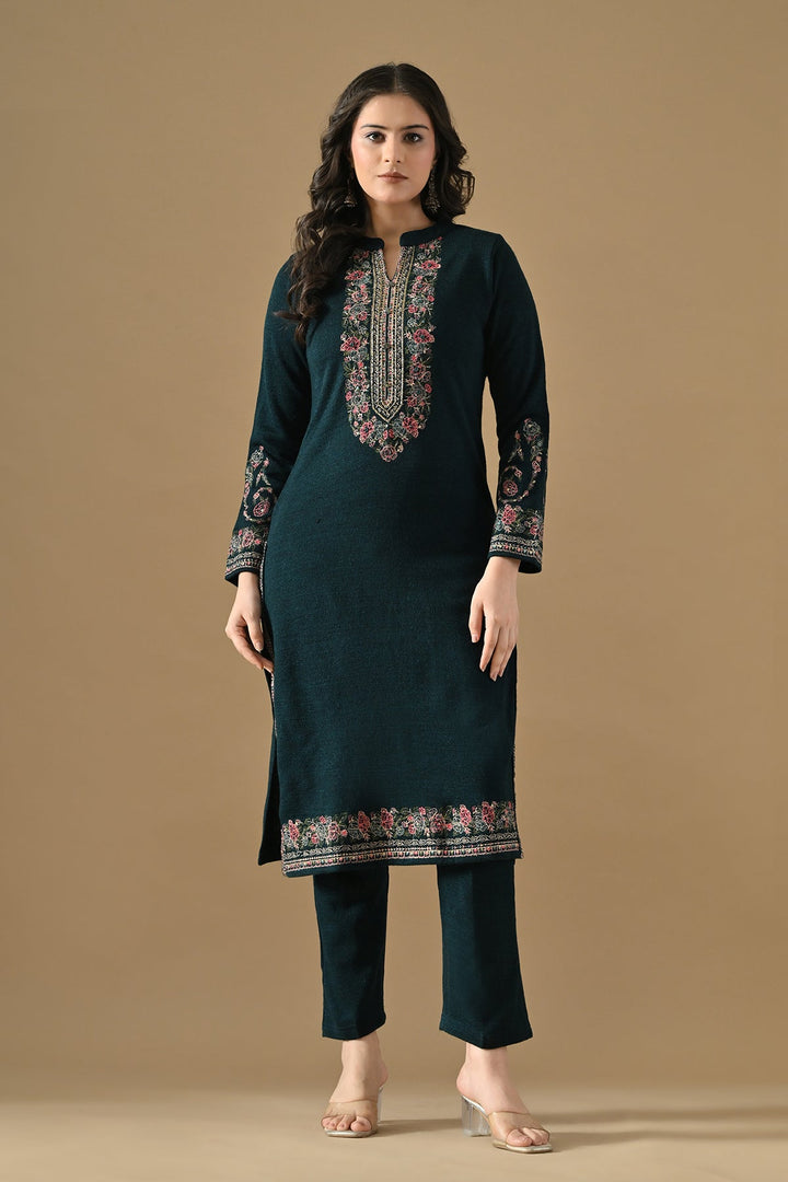 Winter Peacock Blue Woven Embroideredred Kurta Set