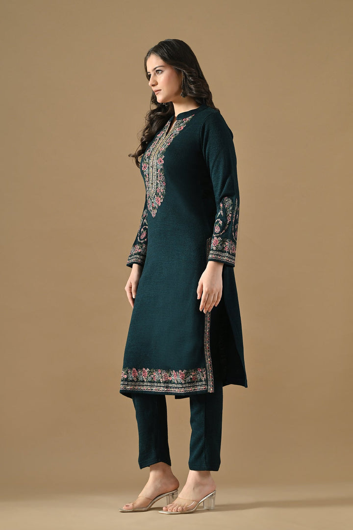 Winter Peacock Blue Woven Embroideredred Kurta Set