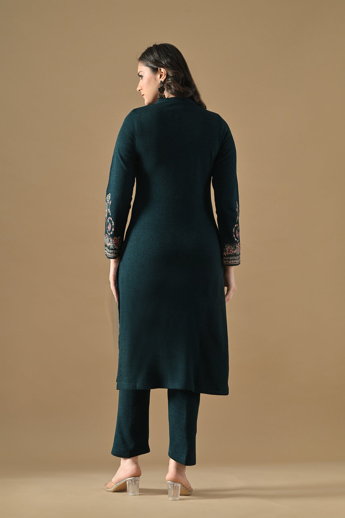 Winter Peacock Blue Woven Embroideredred Kurta Set