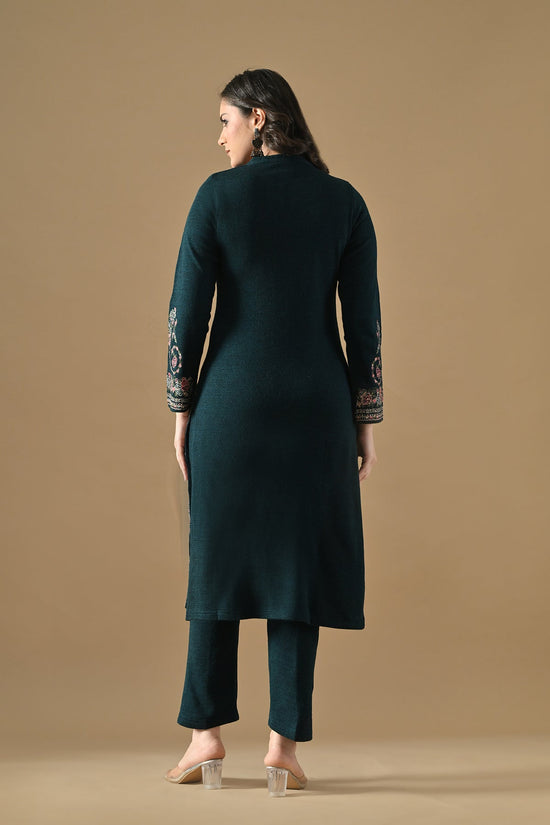 Winter Peacock Blue Woven Embroideredred Kurta Set