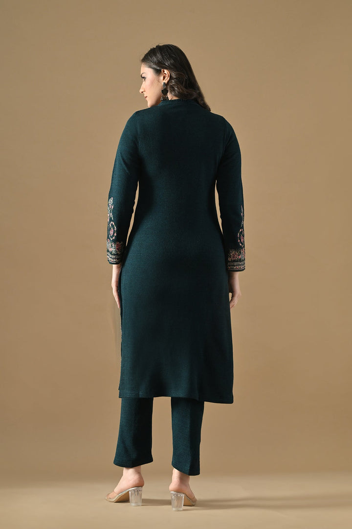 Winter Peacock Blue Woven Embroideredred Kurta Set