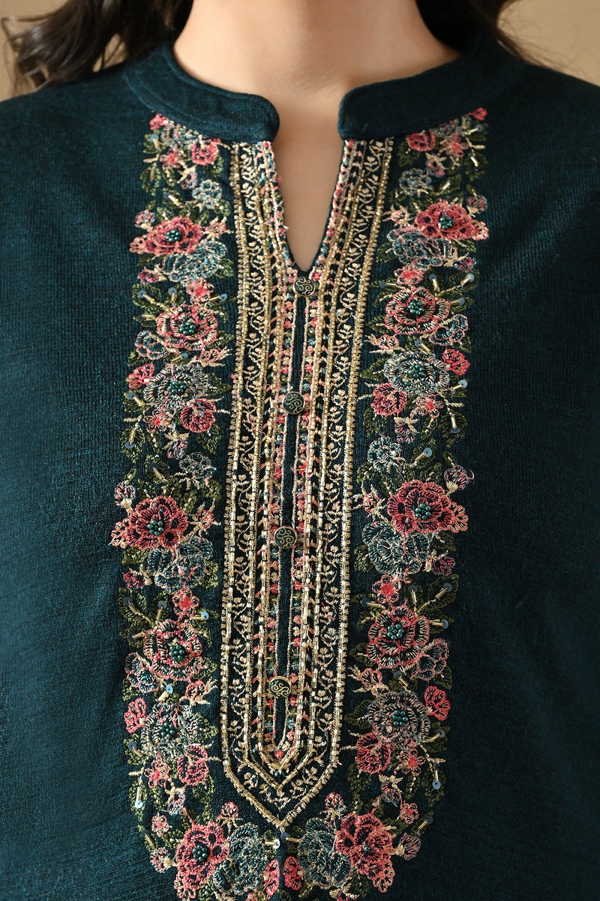 Winter Peacock Blue Woven Embroideredred Kurta Set