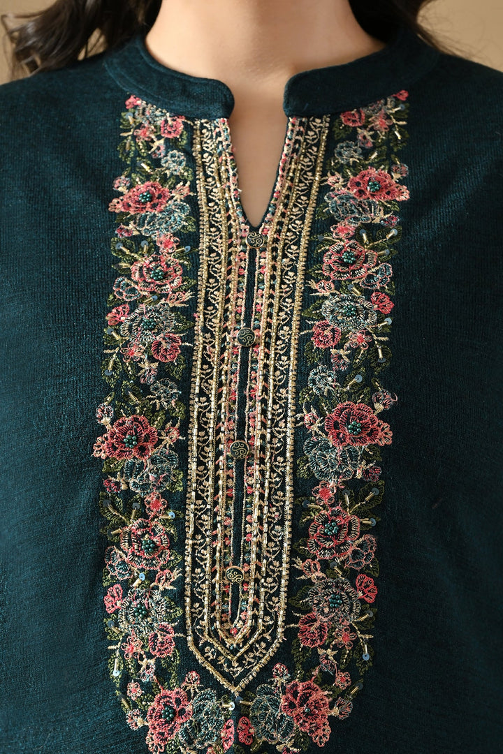 Winter Peacock Blue Woven Embroideredred Kurta Set