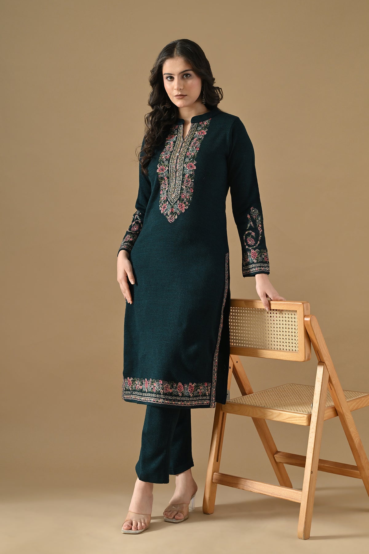 Winter Peacock Blue Woven Embroideredred Kurta Set