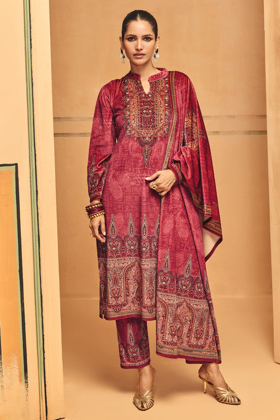 Winter Maroon Printed Velvet Kurta Set