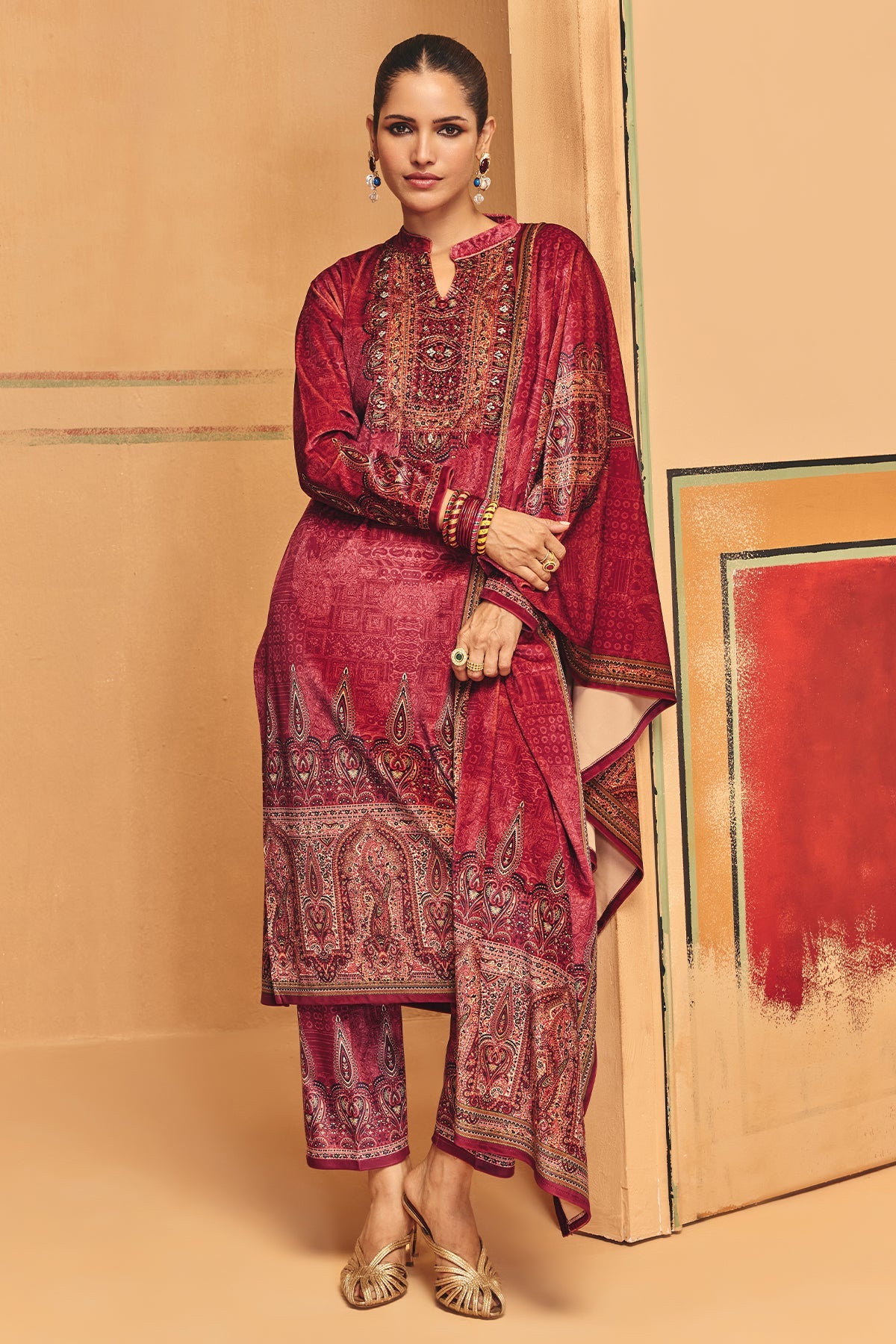 Winter Maroon Printed Velvet Kurta Set
