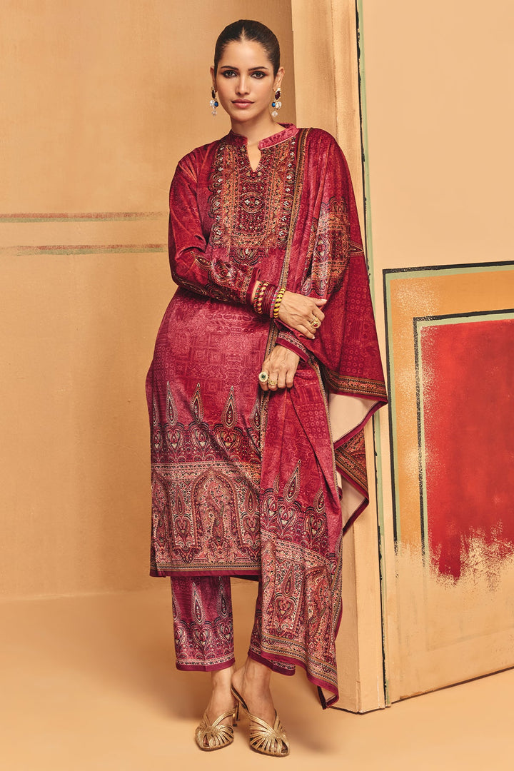 Winter Maroon Printed Velvet Kurta Set