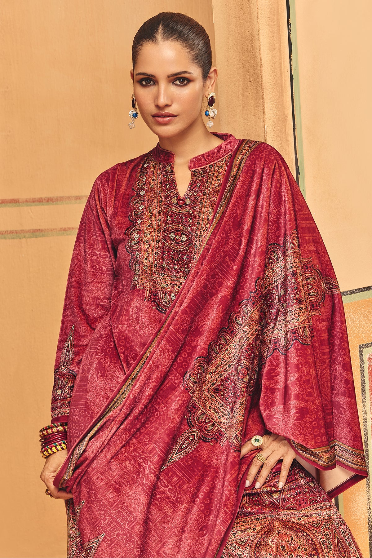 Winter Maroon Printed Velvet Kurta Set