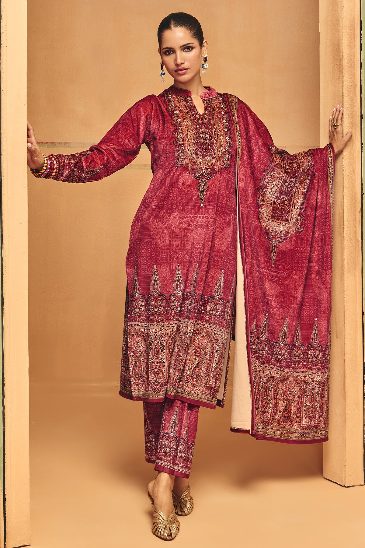 Winter Maroon Printed Velvet Kurta Set