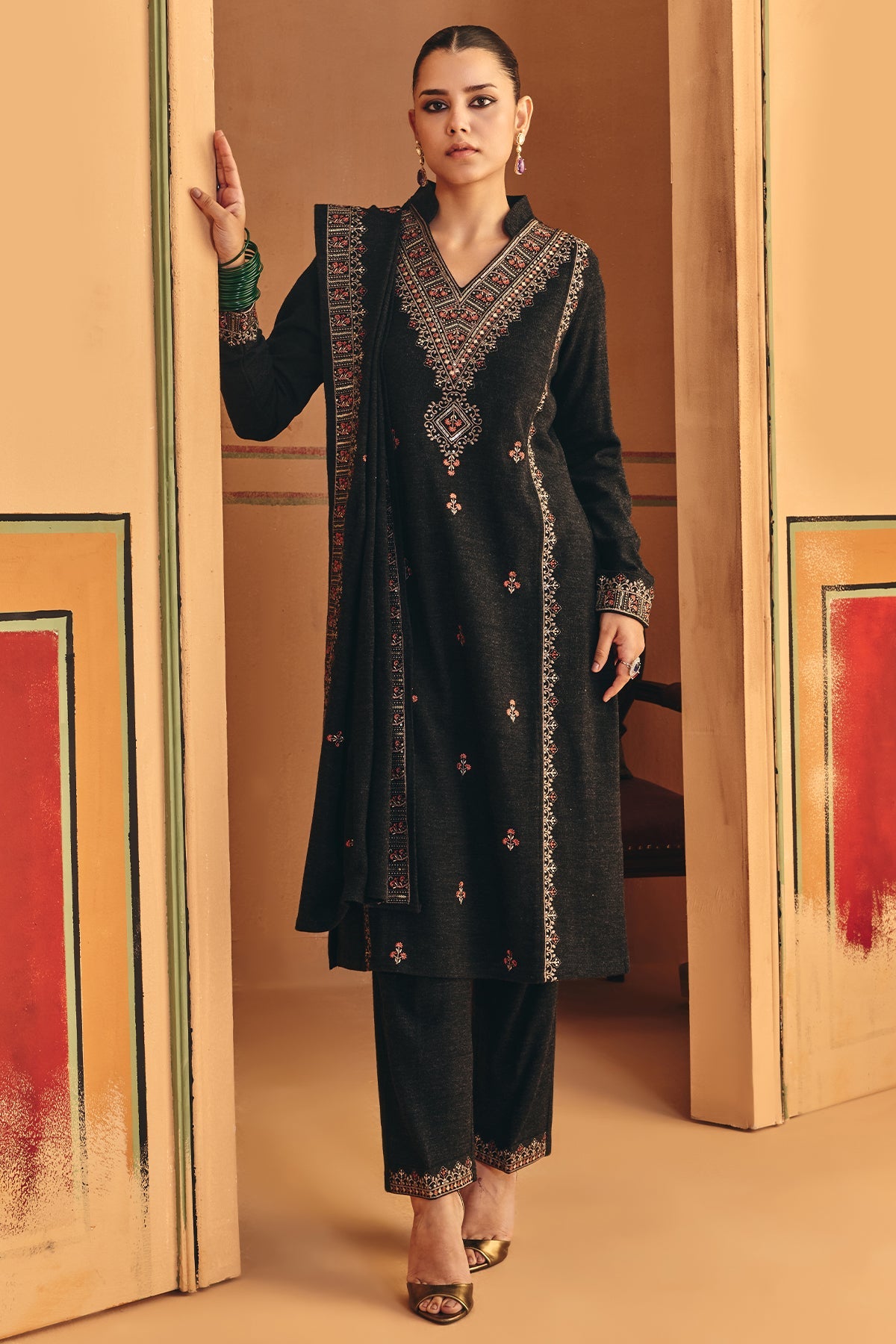 Winter Black Ethnic Motifs Embroideredred Kurta Set