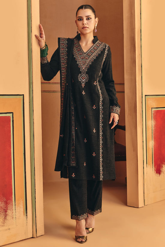 Winter Black Ethnic Motifs Embroideredred Kurta Set