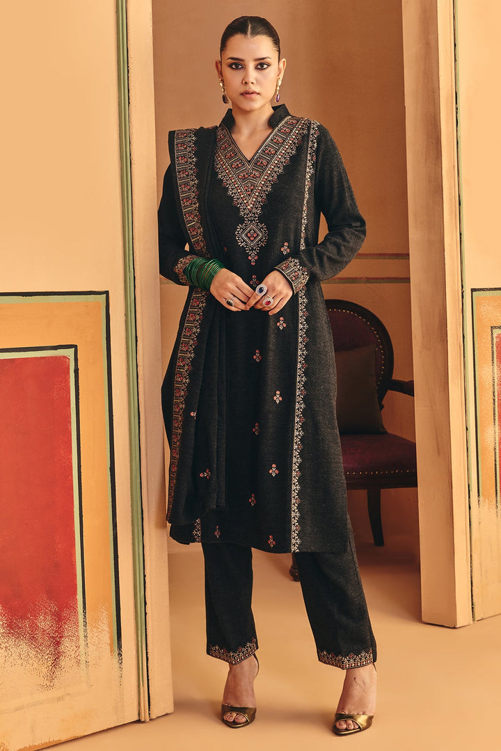 Winter Black Ethnic Motifs Embroideredred Kurta Set