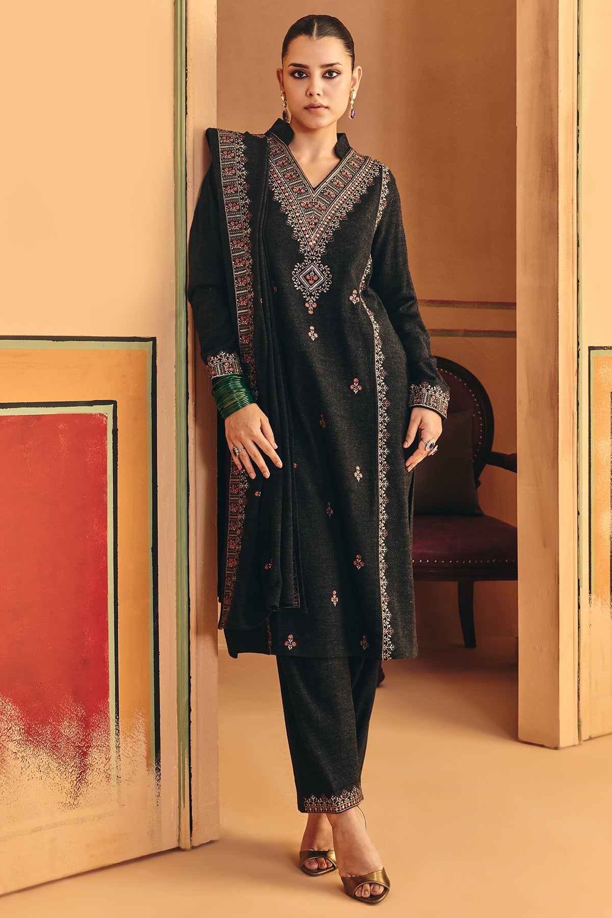 Winter Black Ethnic Motifs Embroideredred Kurta Set