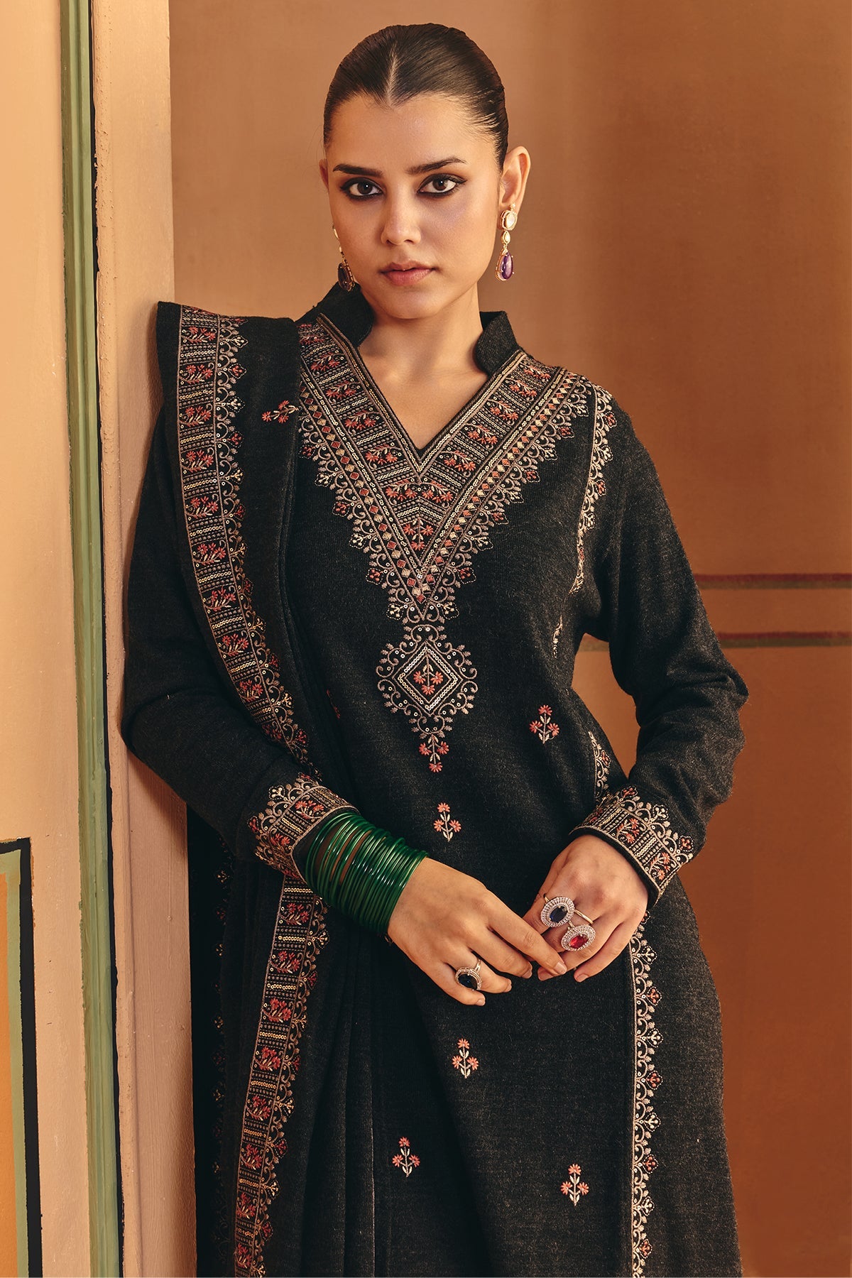 Winter Black Ethnic Motifs Embroideredred Kurta Set