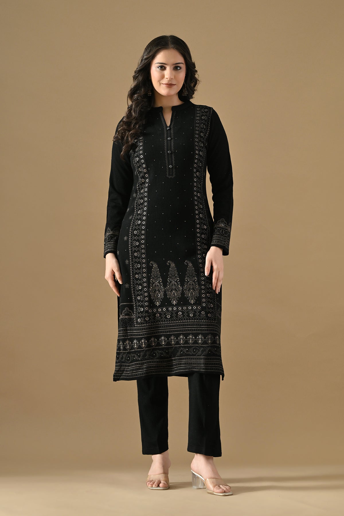 Winter Black Printed Ethnic Motifs Woven Kurta 3 Pcs Set