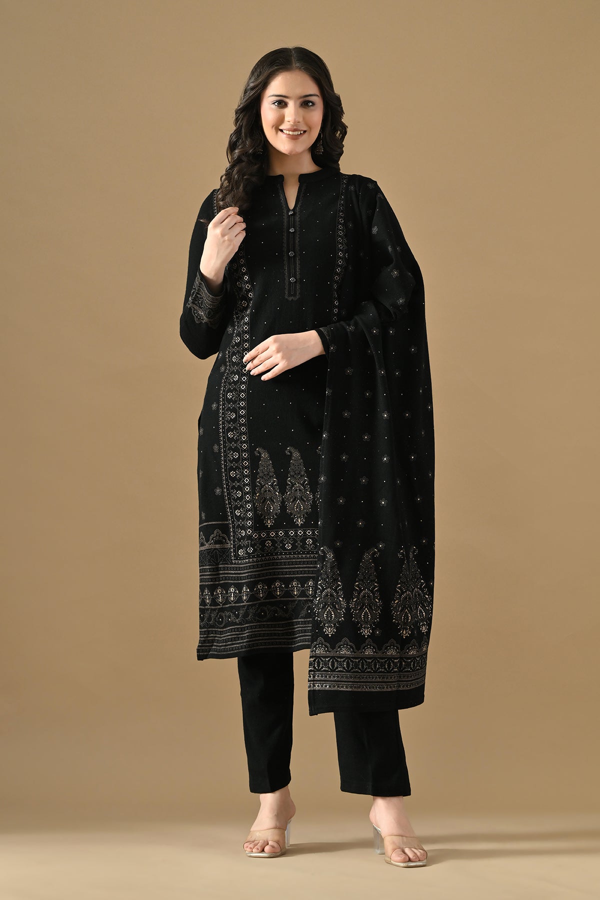 Winter Black Printed Ethnic Motifs Woven Kurta 3 Pcs Set