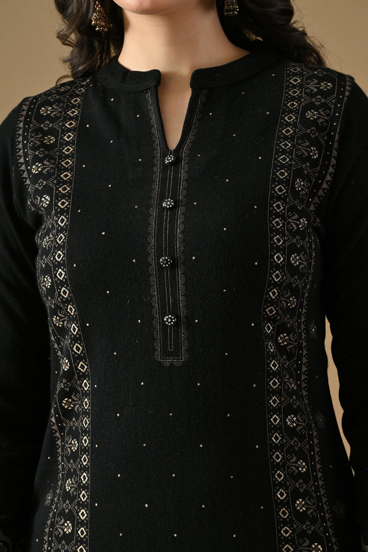 Winter Black Printed Ethnic Motifs Woven Kurta Set