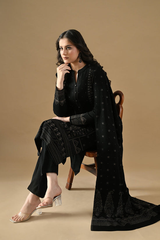 Winter Black Printed Ethnic Motifs Woven Kurta 3 Pcs Set