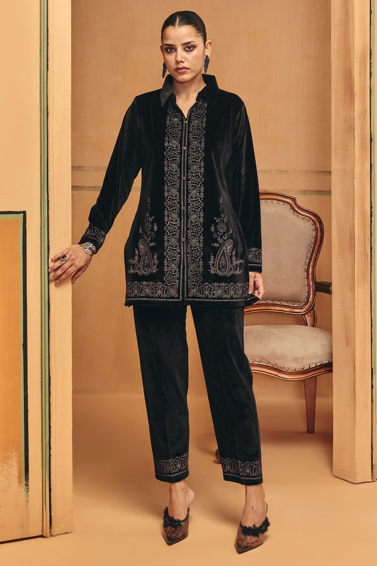 Winter Black Printed Velvet Co-Ord Set