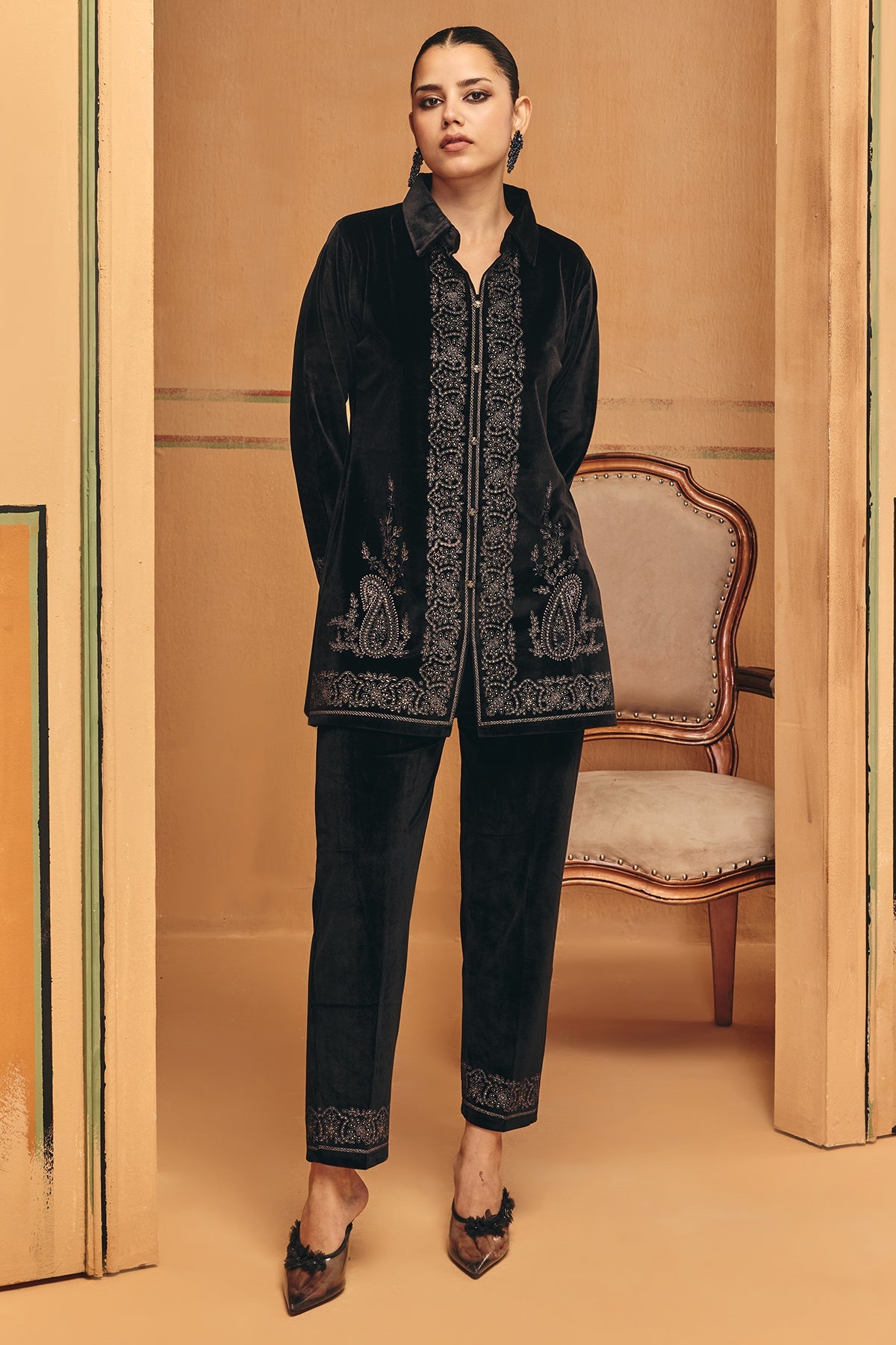 Winter Black Printed Velvet Co-Ord Set