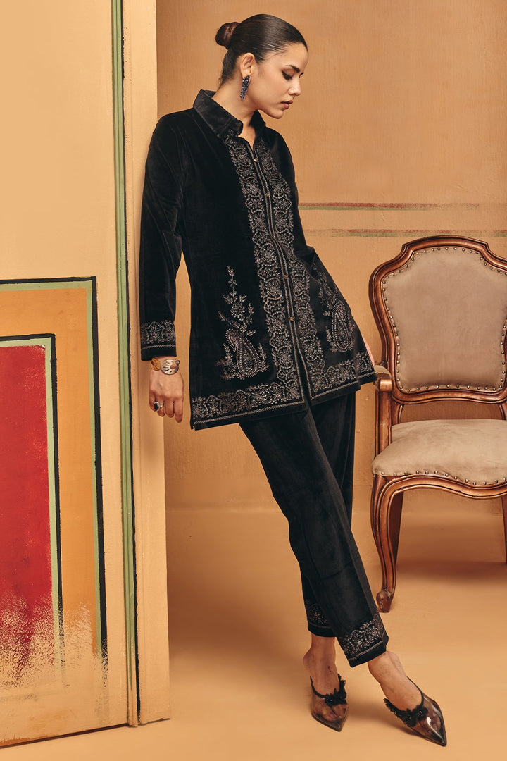 Winter Black Printed Velvet Co-Ord Set