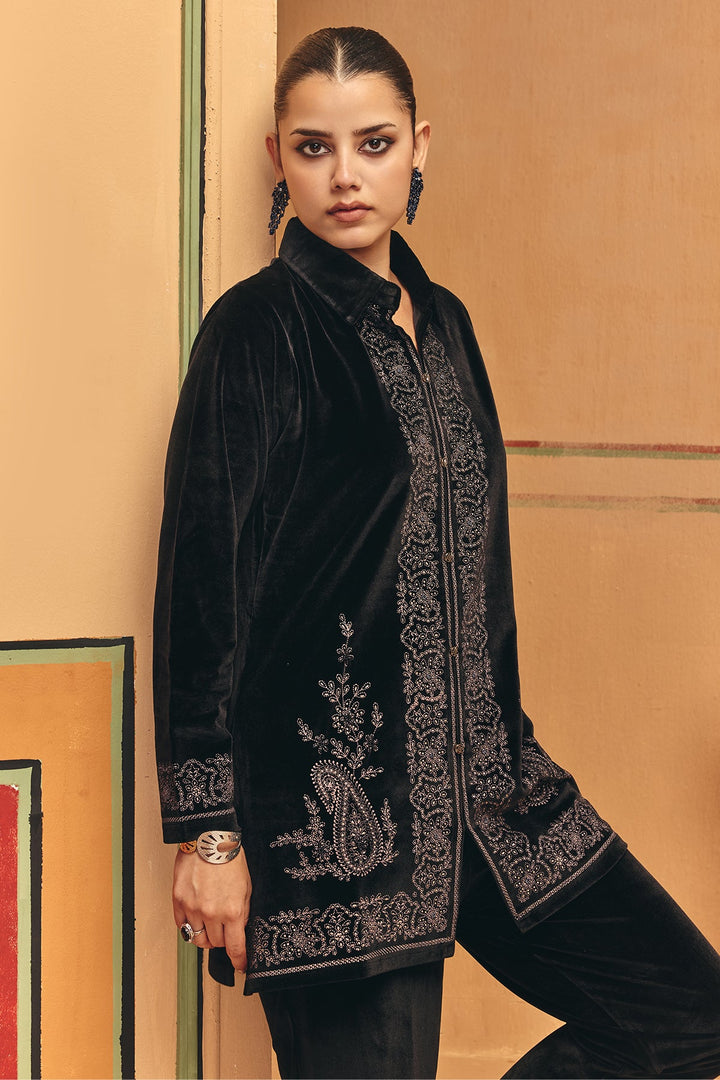 Winter Black Printed Velvet Co-Ord Set