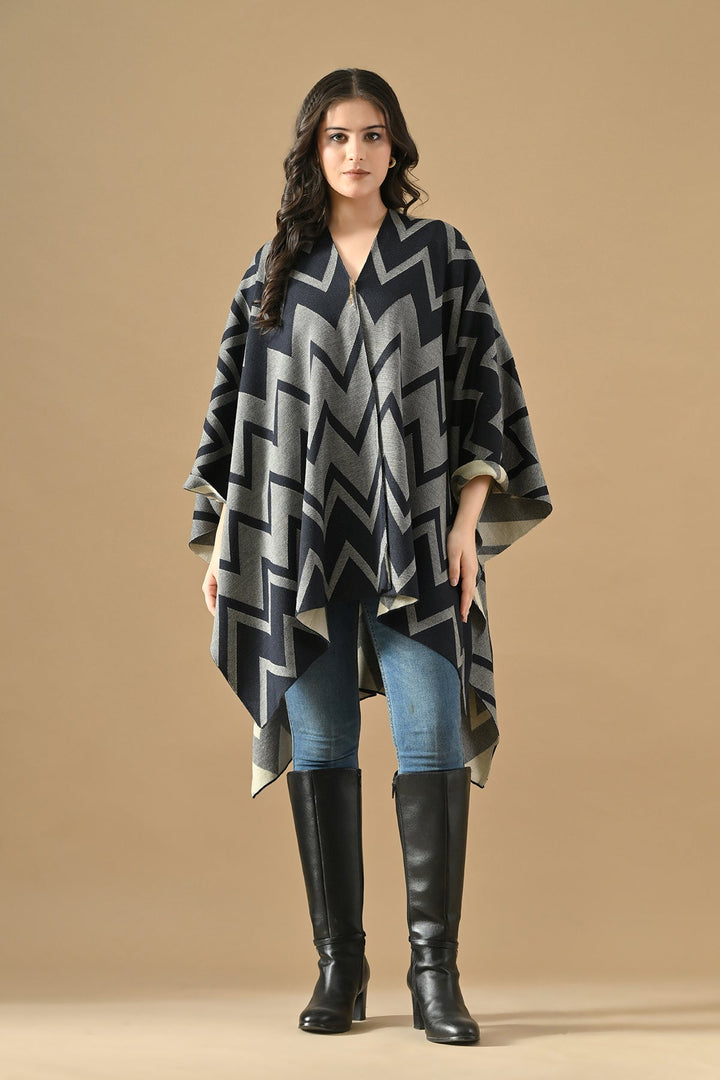 Winter Blue Woven Self Design Poncho