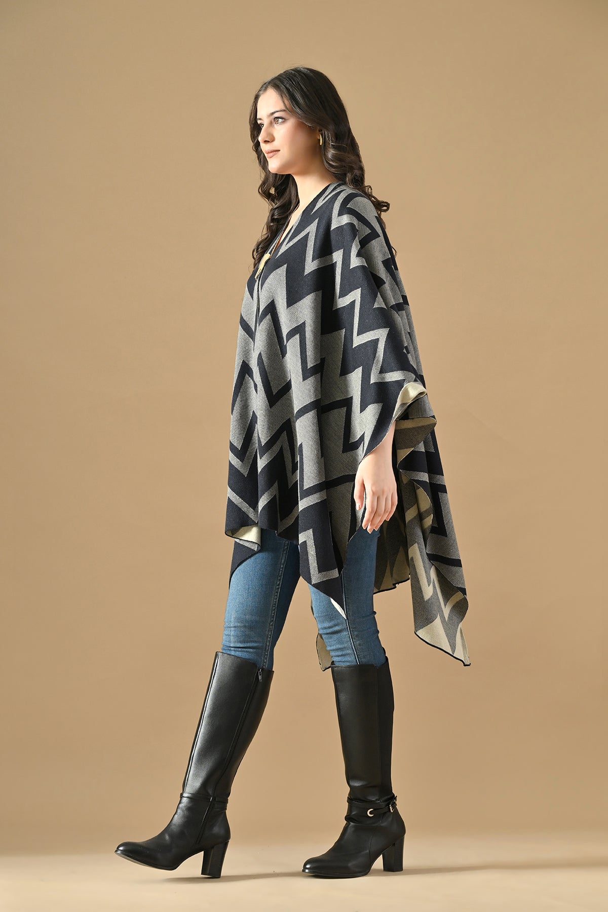 Winter Blue Woven Self Design Poncho