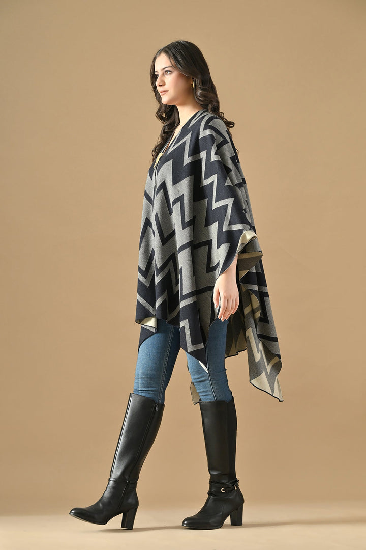 Winter Blue Woven Self Design Poncho