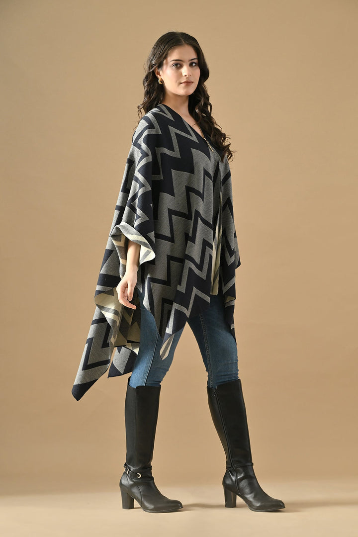 Winter Blue Woven Self Design Poncho