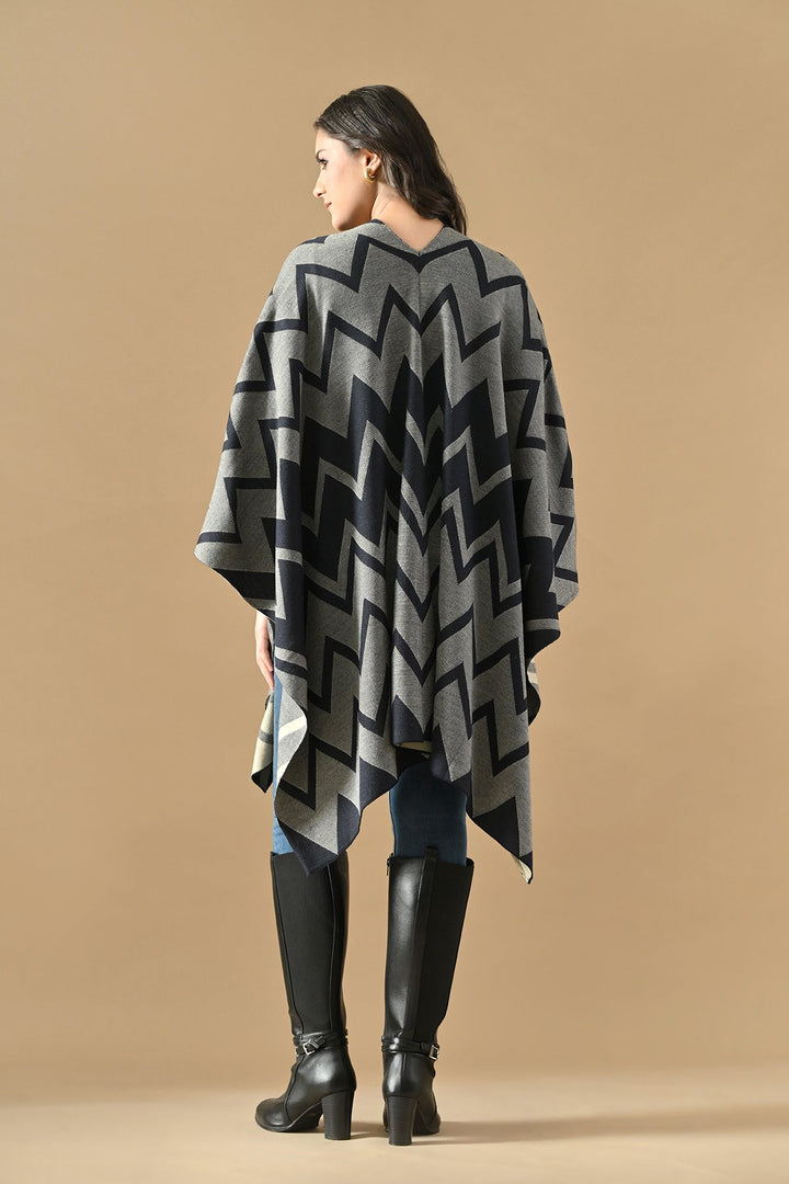 Winter Blue Woven Self Design Poncho