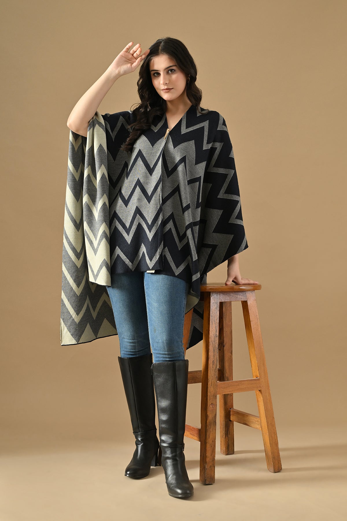 Winter Blue Woven Self Design Poncho