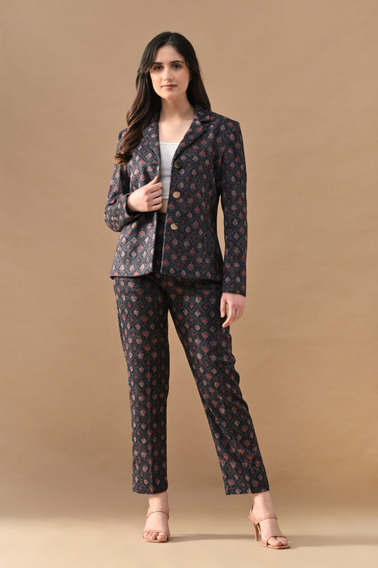 Winter Blue Ethnic Motifs Woven Coat Set