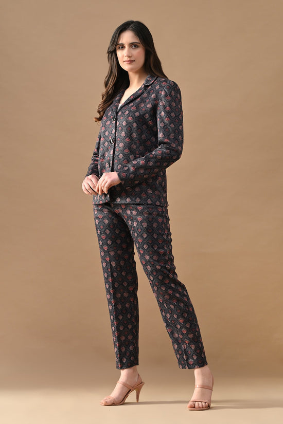 Winter Blue Ethnic Motifs Woven Coat Set