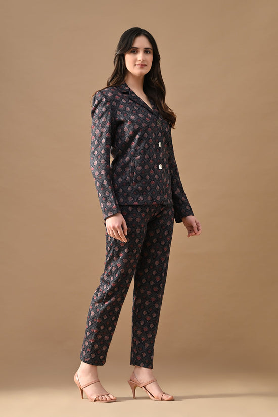 Winter Blue Ethnic Motifs Woven Coat Set