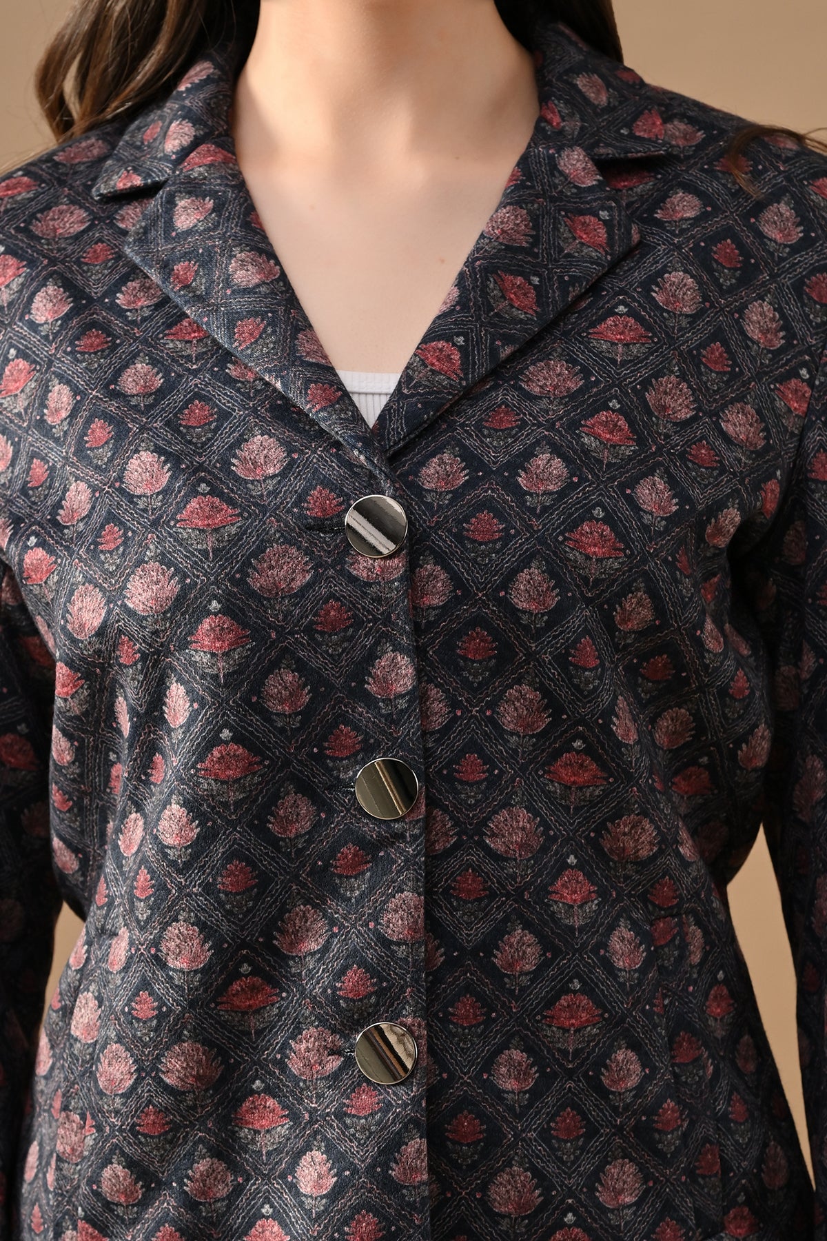 Winter Blue Ethnic Motifs Woven Coat Set