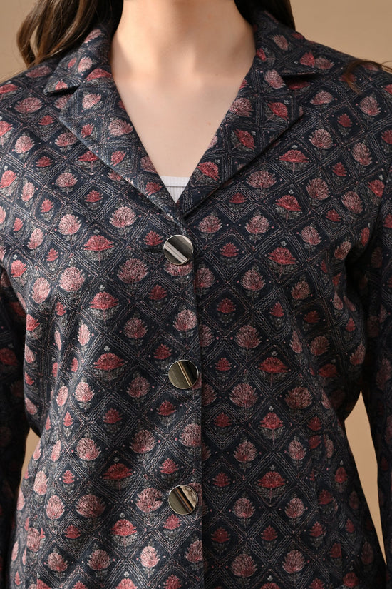 Winter Blue Ethnic Motifs Woven Coat Set