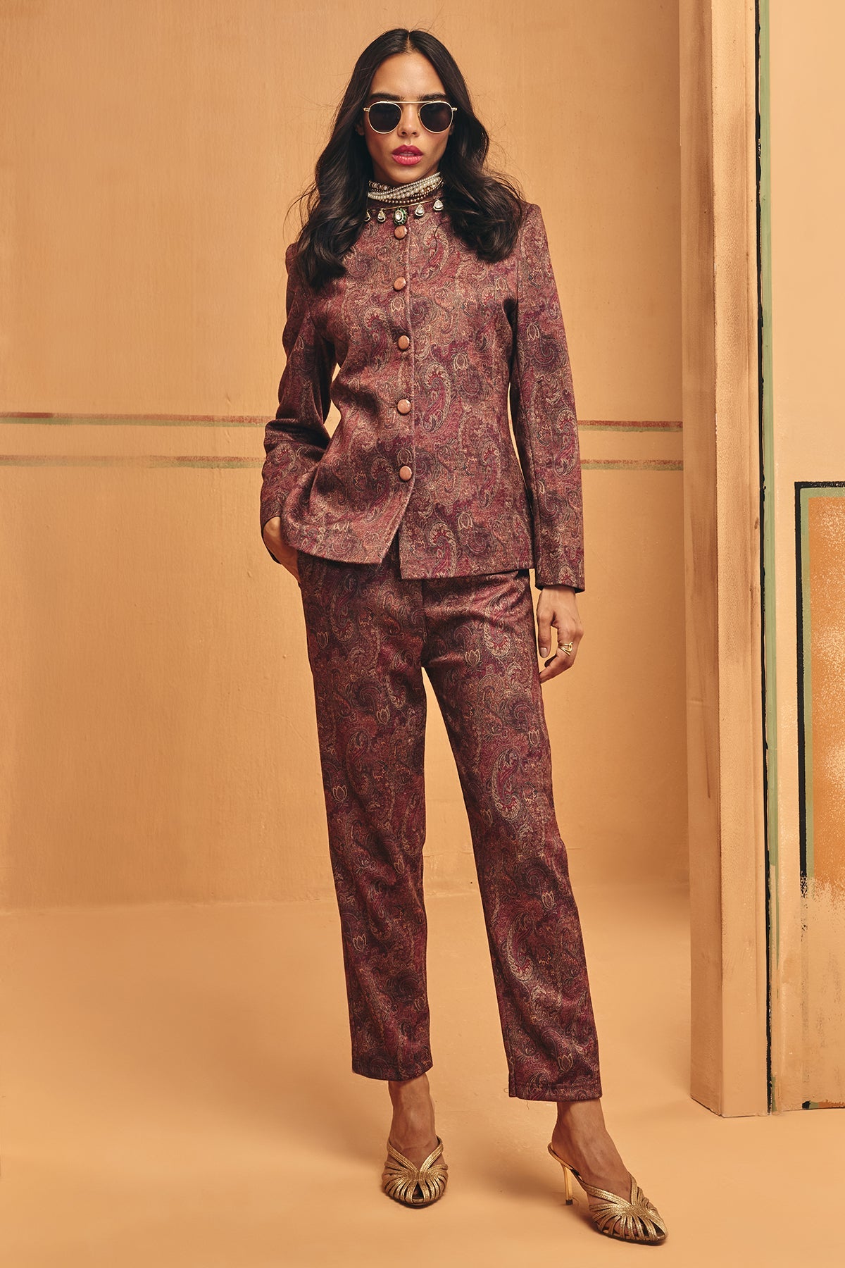 Winter Multi Ethnic Motifs Woven Coat Set