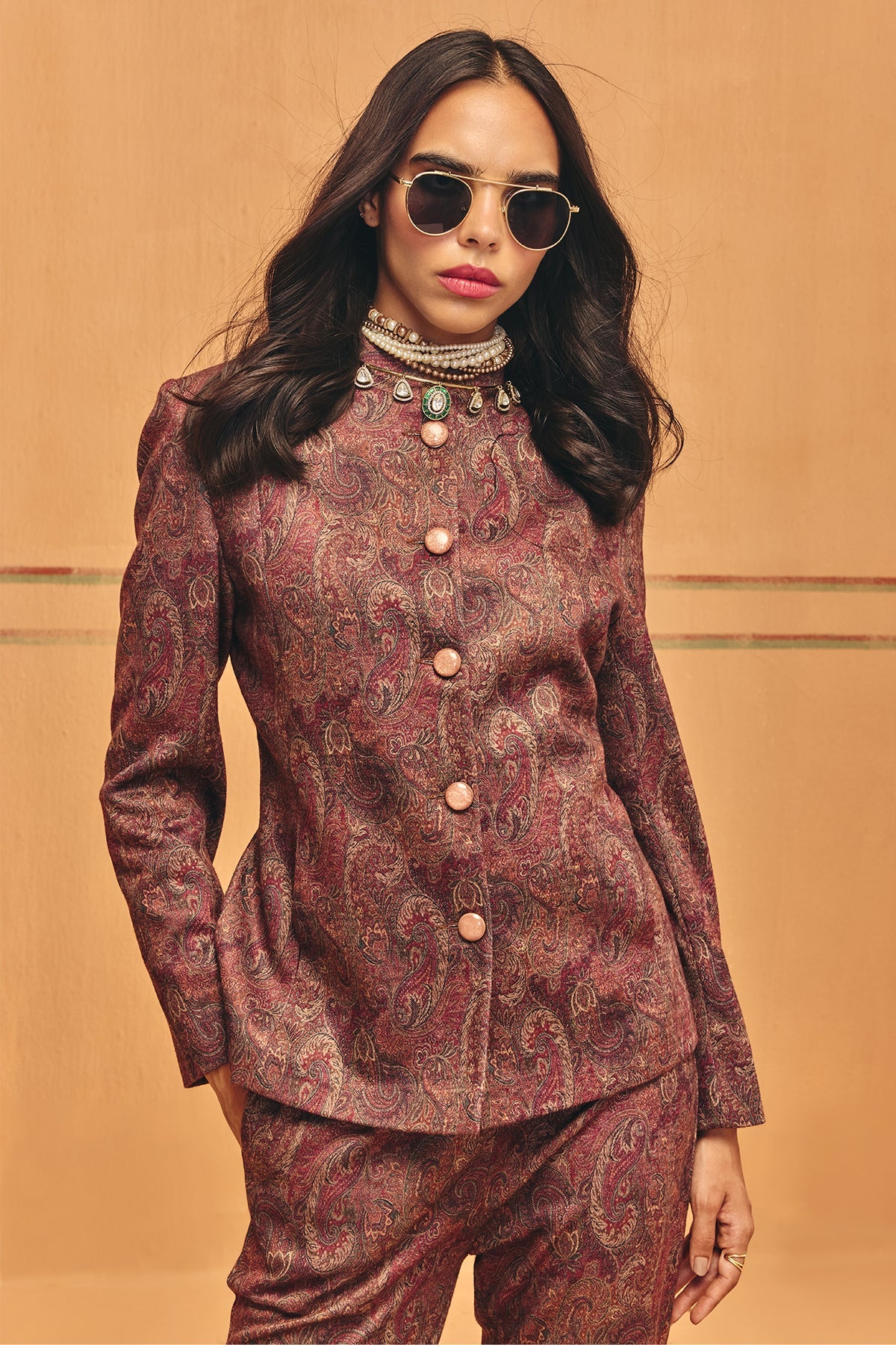 Winter Multi Ethnic Motifs Woven Coat Set