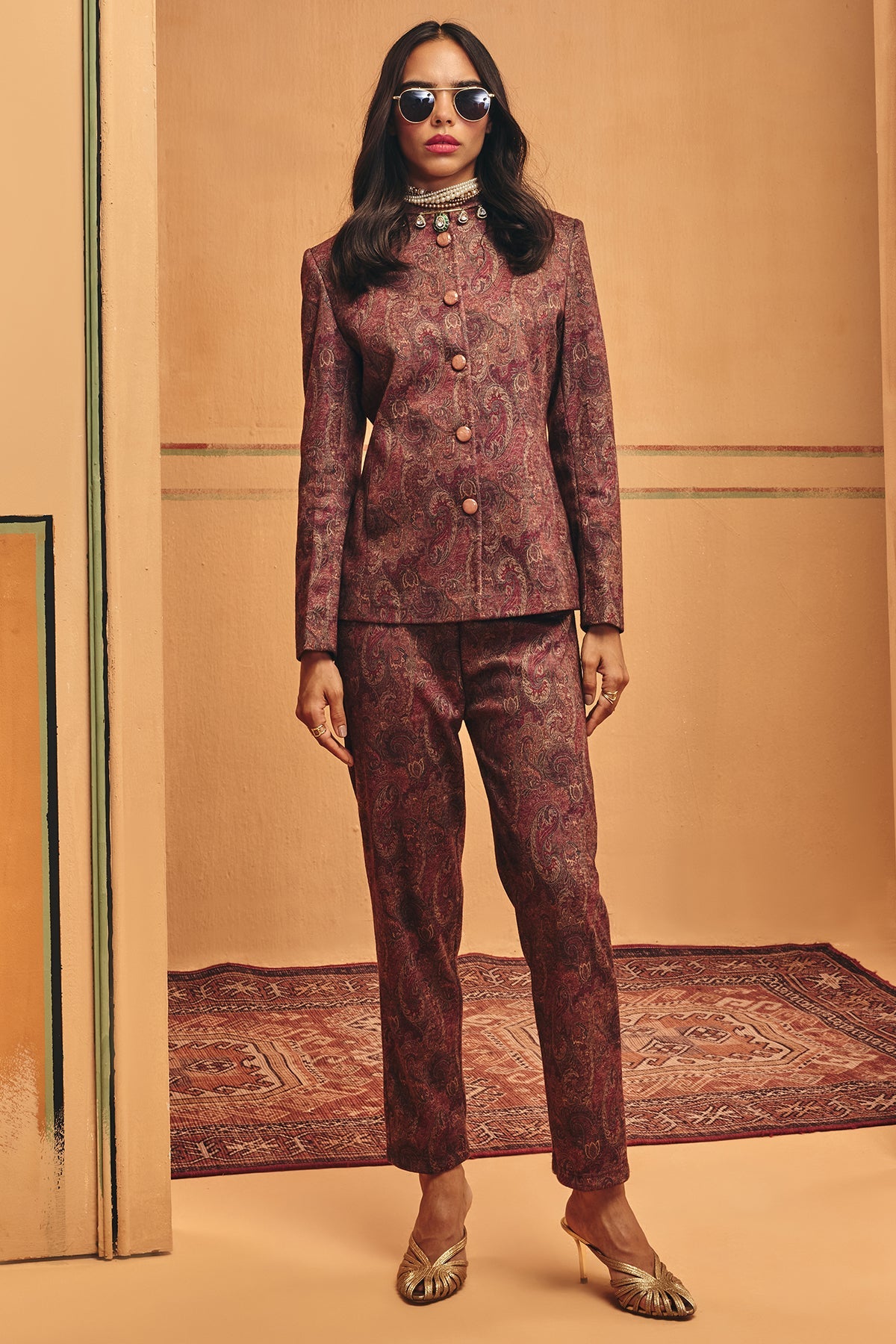 Winter Multi Ethnic Motifs Woven Coat Set