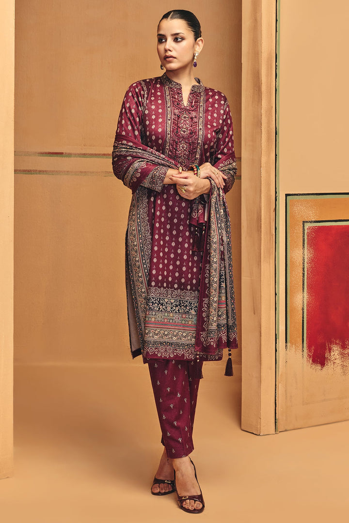Winter Wine Ethnic Motifs Printed Sequined Kurta Set