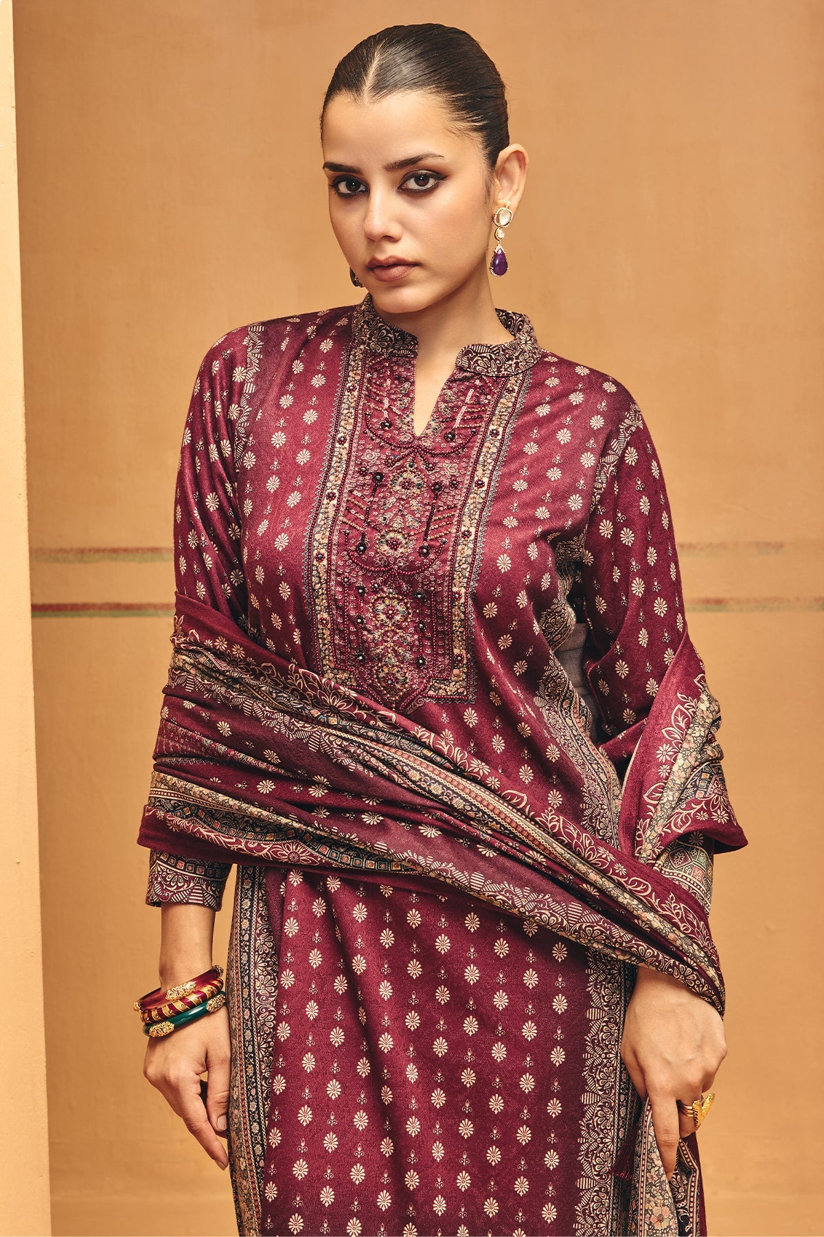 Winter Wine Ethnic Motifs Printed Sequined Kurta Set