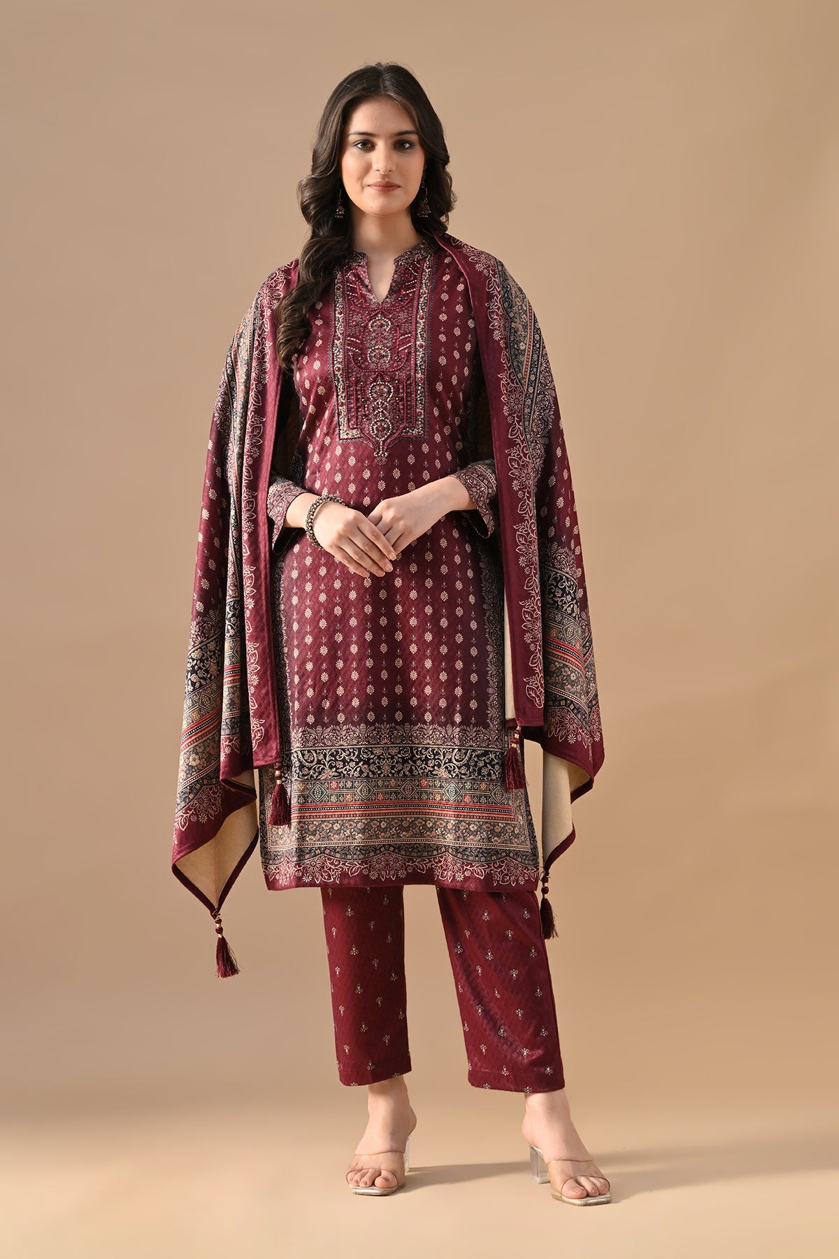 Winter Wine Ethnic Motifs Printed Sequined Kurta Set