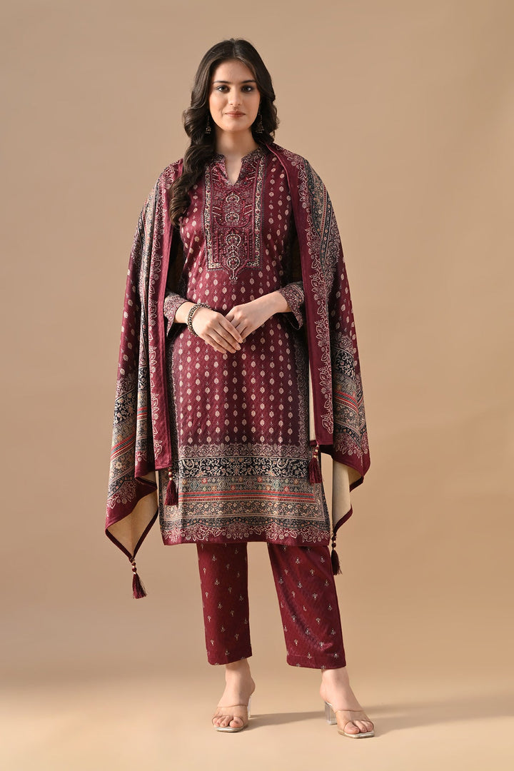 Winter Wine Ethnic Motifs Printed Sequined Kurta Set