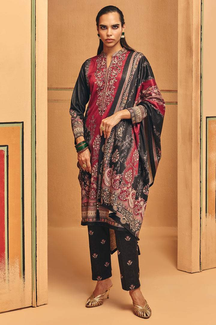 Winter Red Printed Ethnic Motifs Woven Kurta Set