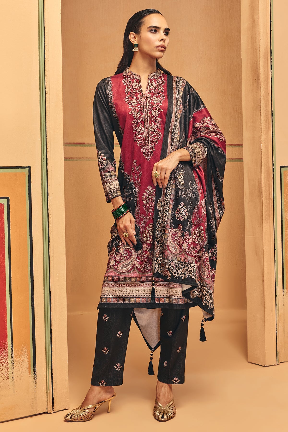 Winter Red Printed Ethnic Motifs Woven Kurta Set