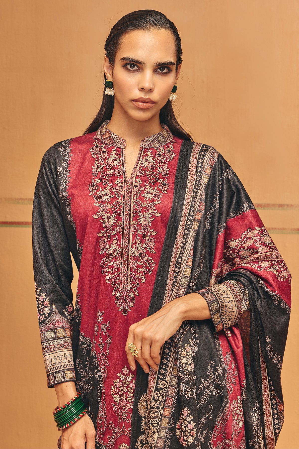 Winter Red Printed Ethnic Motifs Woven Kurta Set